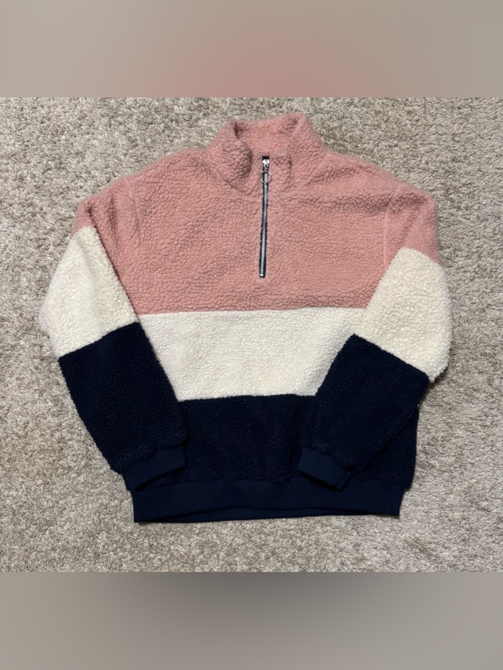 Ambiance Colorblock Sherpa Pullover Pink Cream Navy 1/4 Zip Jacket Large